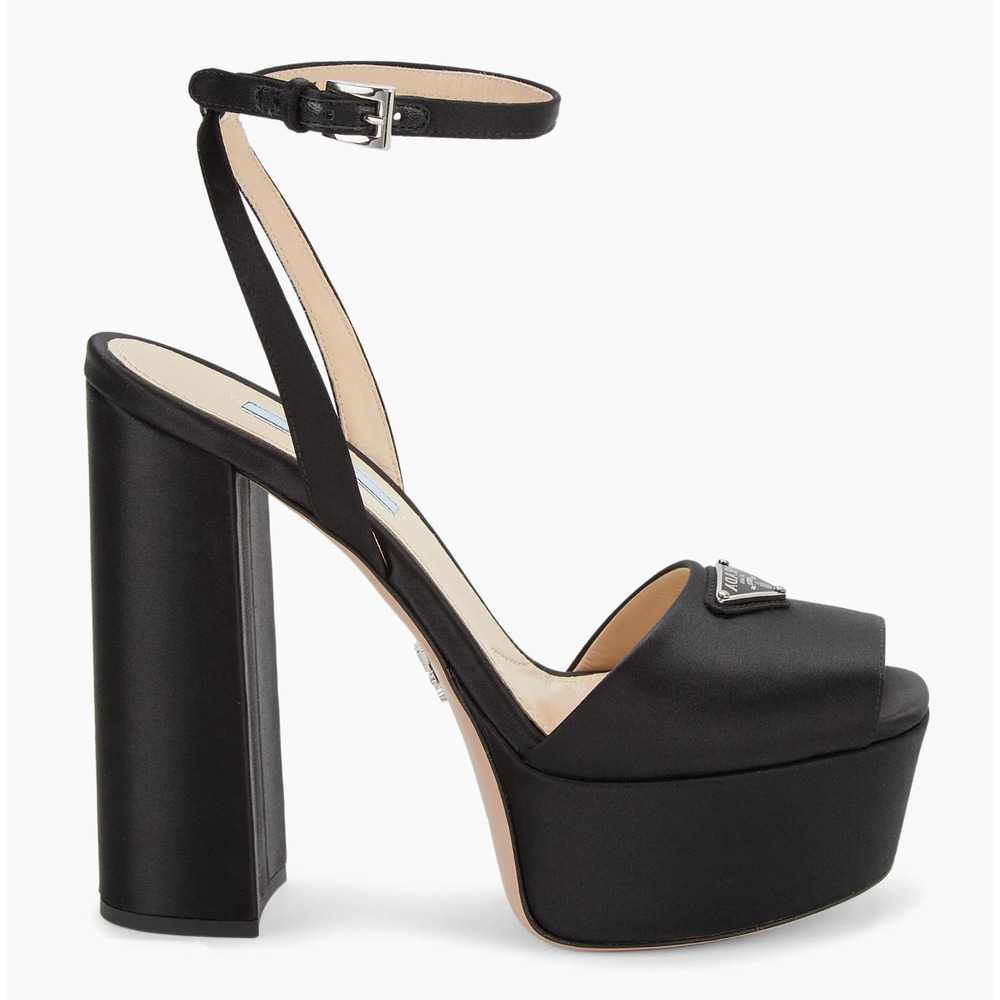 Prada 135mm Black Satin Logo Platform Sandal Ankle Strap Block Heel Pump 40